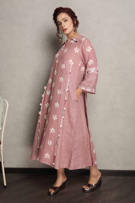 Buy_Falguni.Foram_Wine Gingham, Linen Collared Leaf Print Midi Dress _Online_at_Aza_Fashions