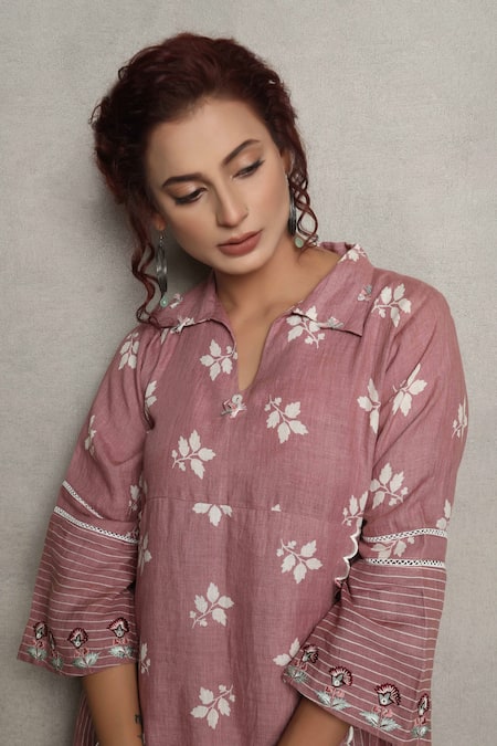 Shop_Falguni.Foram_Wine Gingham, Linen Collared Leaf Print Midi Dress _Online_at_Aza_Fashions
