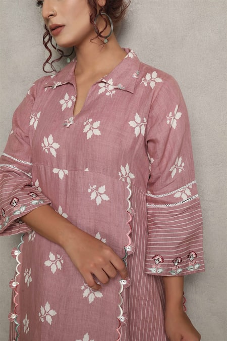 Falguni.Foram_Wine Gingham, Linen Collared Leaf Print Midi Dress _at_Aza_Fashions