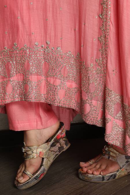 Falguni.Foram_Pink Silk, Chanderi, Net Embroidery Round Neck Kalidar Kurta Set _Online_at_Aza_Fashions