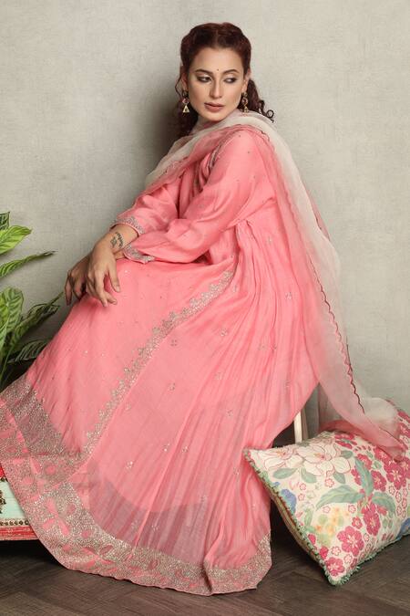 Buy_Falguni.Foram_Pink Silk, Chanderi, Net Embroidery Round Neck Kalidar Kurta Set _Online_at_Aza_Fashions