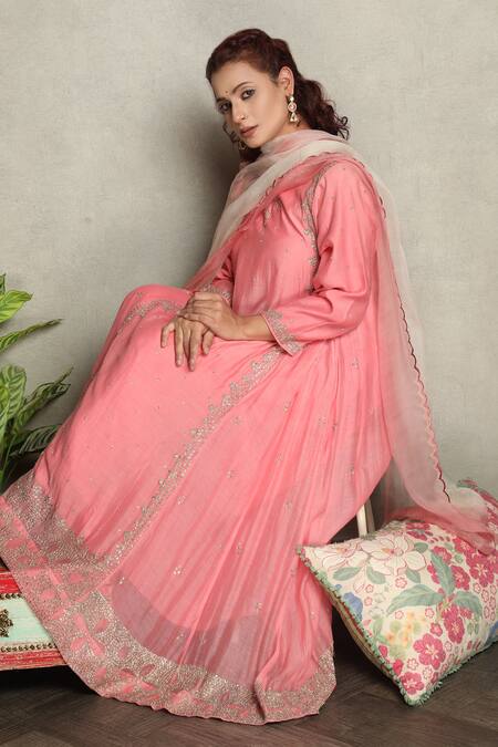 Shop_Falguni.Foram_Pink Silk, Chanderi, Net Embroidery Round Neck Kalidar Kurta Set _Online_at_Aza_Fashions