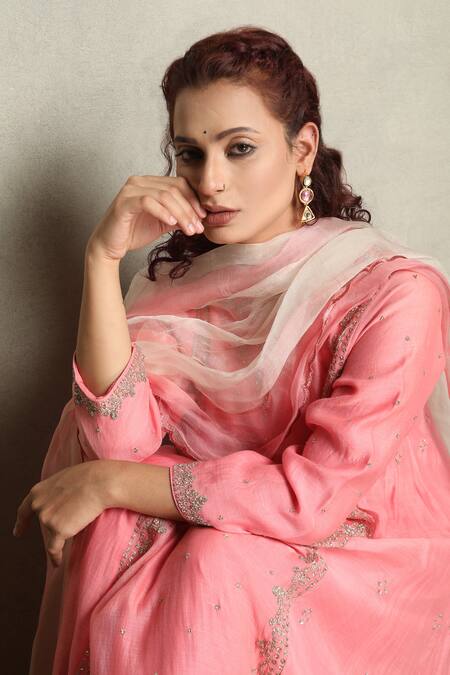 Falguni.Foram_Pink Silk, Chanderi, Net Embroidery Round Neck Kalidar Kurta Set _at_Aza_Fashions