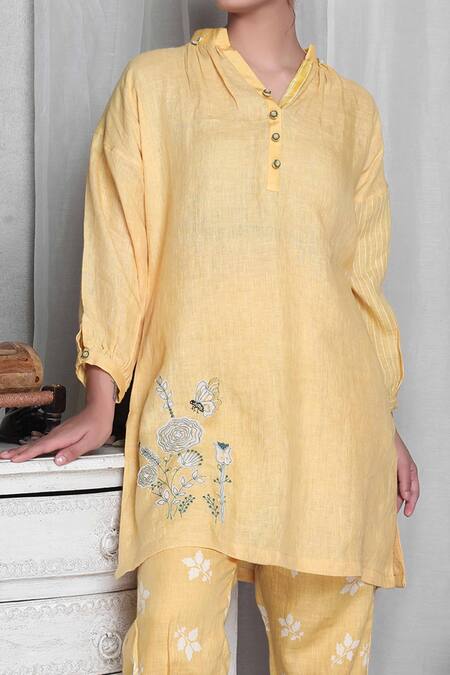 Falguni.Foram_Yellow Beads, Applique Bandeau Neck Kurta And Leaf Print Pant Set_Online_at_Aza_Fashions