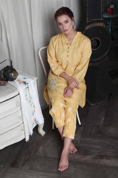 Buy_Falguni.Foram_Yellow Beads, Applique Bandeau Neck Kurta And Leaf Print Pant Set_Online_at_Aza_Fashions