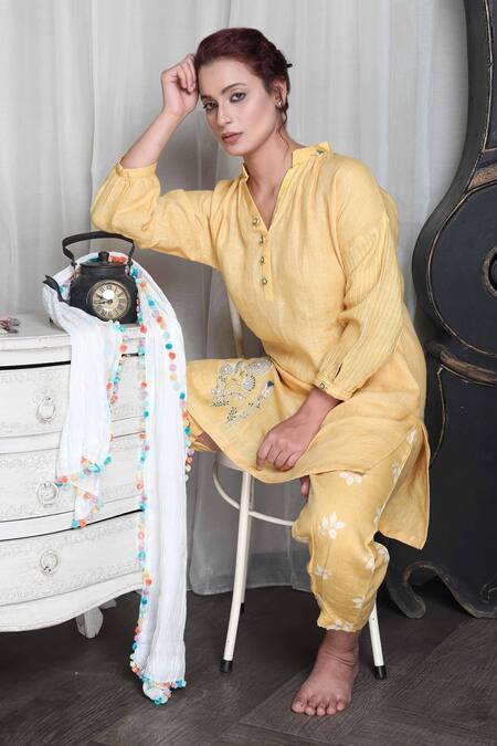 Shop_Falguni.Foram_Yellow Beads, Applique Bandeau Neck Kurta And Leaf Print Pant Set_Online_at_Aza_Fashions