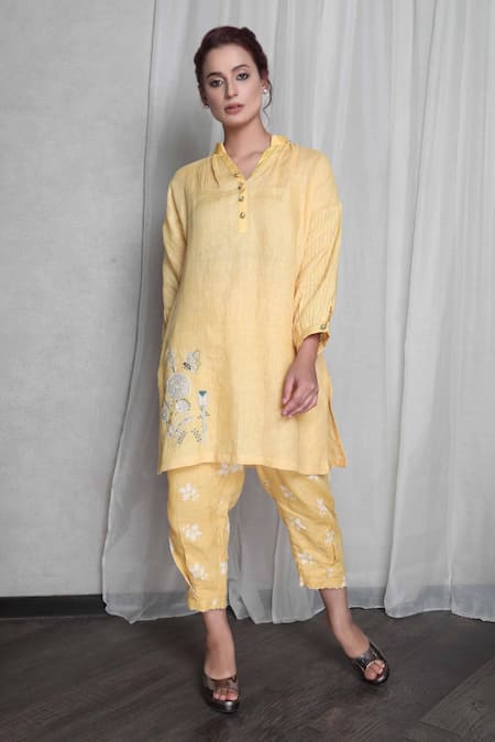 Falguni.Foram_Yellow Beads, Applique Bandeau Neck Kurta And Leaf Print Pant Set_at_Aza_Fashions