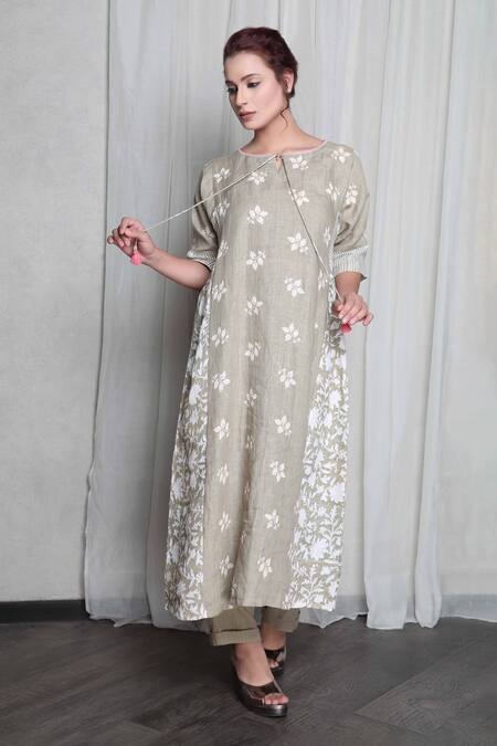 Falguni.Foram_Brown Gauze Linen Printed And Hand Embroidered Panelled Kurta & Pant Set  _Online_at_Aza_Fashions