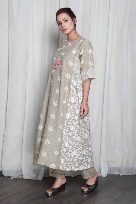 Buy_Falguni.Foram_Brown Gauze Linen Printed And Hand Embroidered Panelled Kurta & Pant Set  _Online_at_Aza_Fashions
