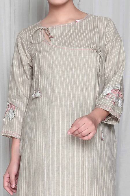 Shop Falguni.Foram Beige Gingham Embroidery, Tassels Asymmetric Striped Kurta And Pant Set Online at Aza Fashions Shop_Falguni.Foram_Beige Gingham Embroidery, Tassels Asymmetric Striped Kurta And Pant Set_Online_at_Aza_Fashions