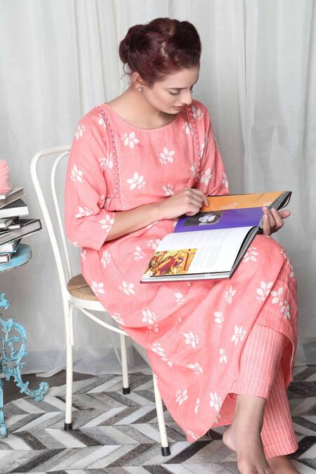 Shop_Falguni.Foram_Peach Zari, Beads Round Neck Printed Gathered Kurta And Pant Set_Online_at_Aza_Fashions