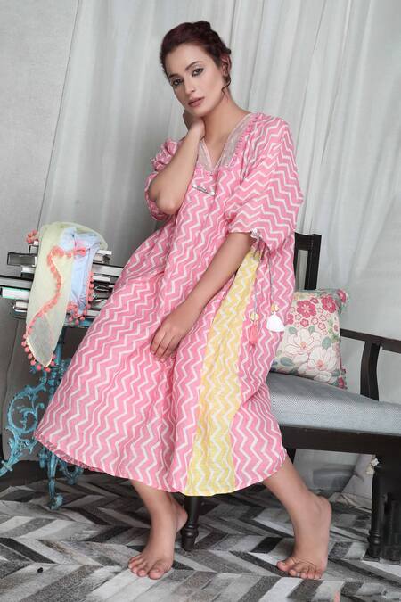 Falguni.Foram_Pink Gingham, Linen Tassels, Embroidery V-neck Chevron Print Kaftan Dress _at_Aza_Fashions