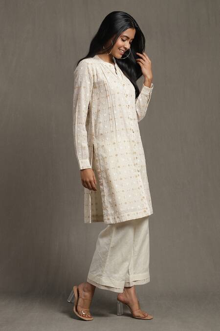 Buy_Ritu Kumar_Beige Cotton Embroidery Bandeau Neck Self Design Shirt Kurta And Palazzo Set_Online_at_Aza_Fashions