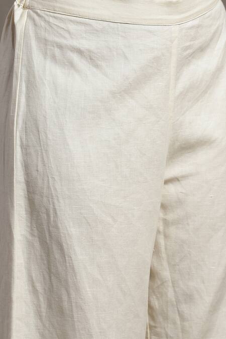 Ritu Kumar_Beige Cotton Embroidery Bandeau Neck Self Design Shirt Kurta And Palazzo Set_at_Aza_Fashions