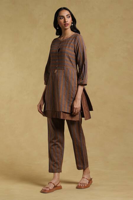 Ritu Kumar_Brown Yarn Dyed Cotton-earthy Striped Round Kurta And Pant Set_Online_at_Aza_Fashions