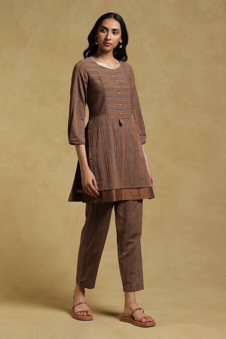 Buy_Ritu Kumar_Brown Yarn Dyed Cotton-earthy Striped Round Kurta And Pant Set_Online_at_Aza_Fashions