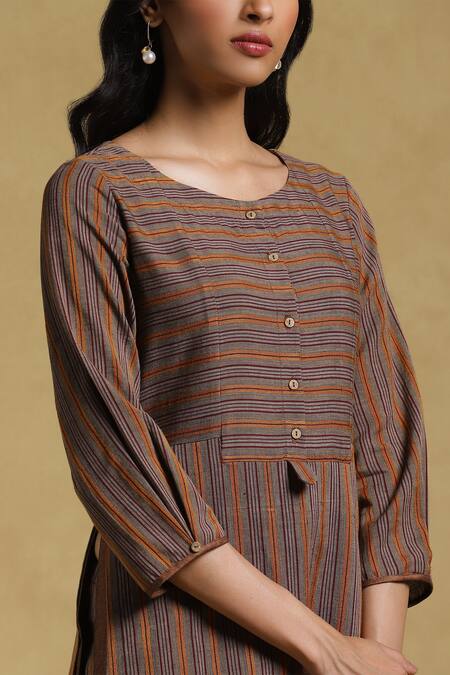 Shop_Ritu Kumar_Brown Yarn Dyed Cotton-earthy Striped Round Kurta And Pant Set_Online_at_Aza_Fashions