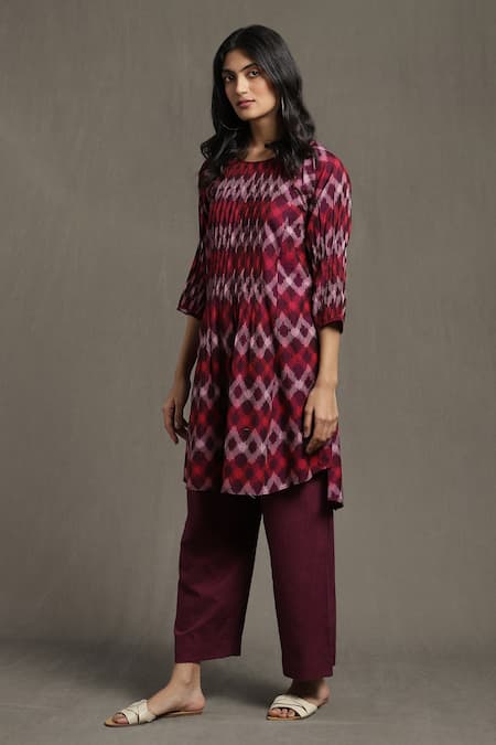 Ritu Kumar_Purple Cotton Round Neck Pintucked Ikat Kurta And Palazzo Set _Online_at_Aza_Fashions
