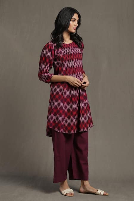 Buy_Ritu Kumar_Purple Cotton Round Neck Pintucked Ikat Kurta And Palazzo Set _Online_at_Aza_Fashions
