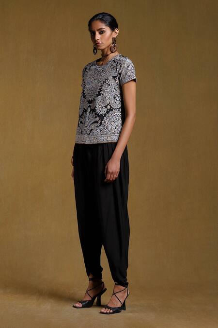 Ritu Kumar_Blue Viscose Slub Floral Round Short Embroidered Kurta With Dhoti Pant _Online_at_Aza_Fashions