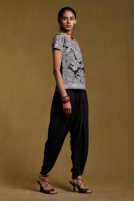 Buy_Ritu Kumar_Blue Viscose Slub Floral Round Short Embroidered Kurta With Dhoti Pant _Online_at_Aza_Fashions