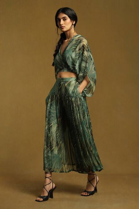 Ritu Kumar_Green Viscose V-neck Botanic Print Top And Palazzo Co-ord Set_Online_at_Aza_Fashions