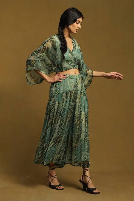 Buy_Ritu Kumar_Green Viscose V-neck Botanic Print Top And Palazzo Co-ord Set_Online_at_Aza_Fashions