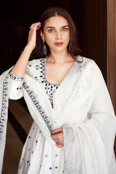 Buy_Punit Balana_Ivory Handloom Cotton, Chanderi Embellished Anarkali Set With Printed Dupatta _Online_at_Aza_Fashions