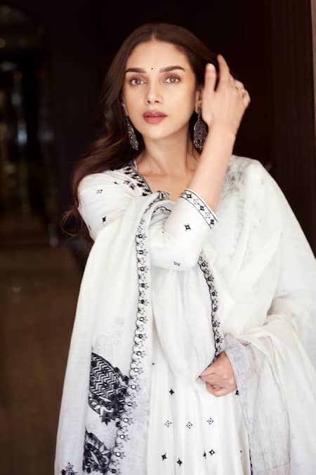 Punit Balana_Ivory Handloom Cotton, Chanderi Embellished Anarkali Set With Printed Dupatta _at_Aza_Fashions