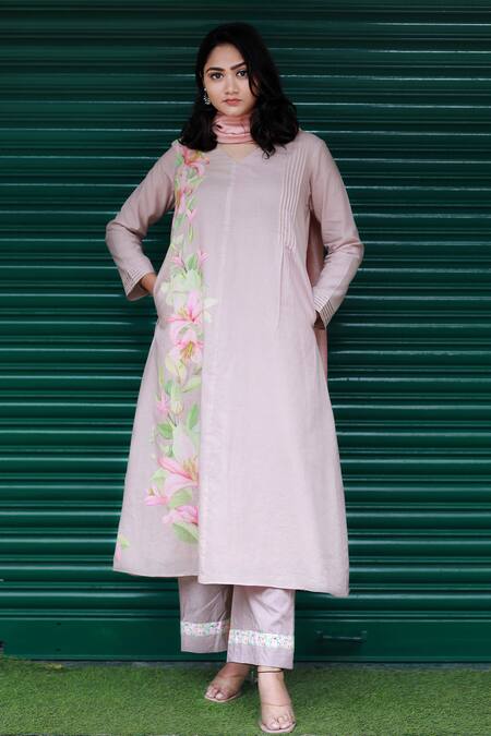 Tina Eapen Collective_Brown Cotton Lillies Of The Valley V Neck Pattern Kurta And Pant Set_Online_at_Aza_Fashions