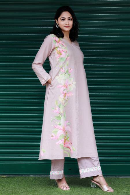 Buy_Tina Eapen Collective_Brown Cotton Lillies Of The Valley V Neck Pattern Kurta And Pant Set_Online_at_Aza_Fashions