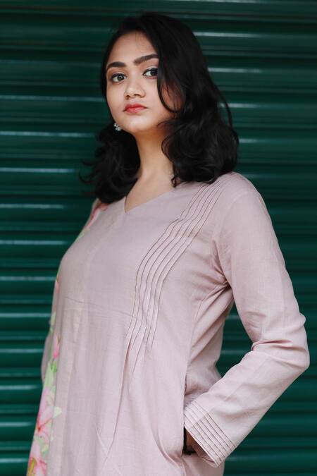 Shop_Tina Eapen Collective_Brown Cotton Lillies Of The Valley V Neck Pattern Kurta And Pant Set_Online_at_Aza_Fashions