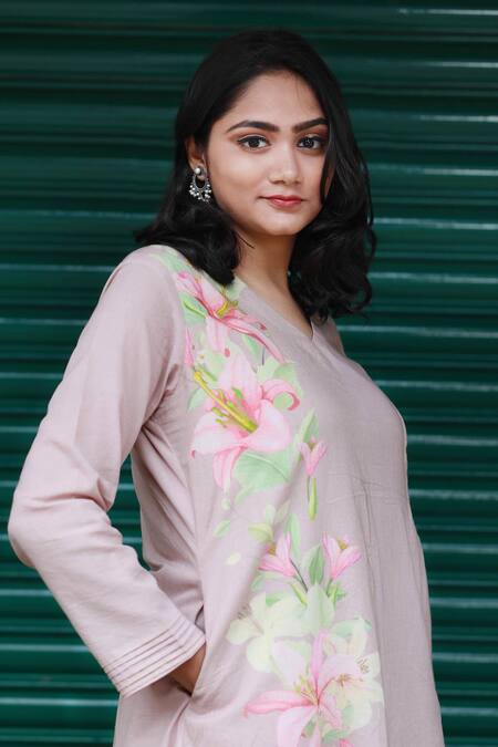 Tina Eapen Collective_Brown Cotton Lillies Of The Valley V Neck Pattern Kurta And Pant Set_at_Aza_Fashions