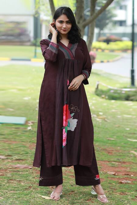 Tina Eapen Collective_Brown Chanderi Silk Embroidered V Neck Straight Kurta And Pant Set_Online_at_Aza_Fashions