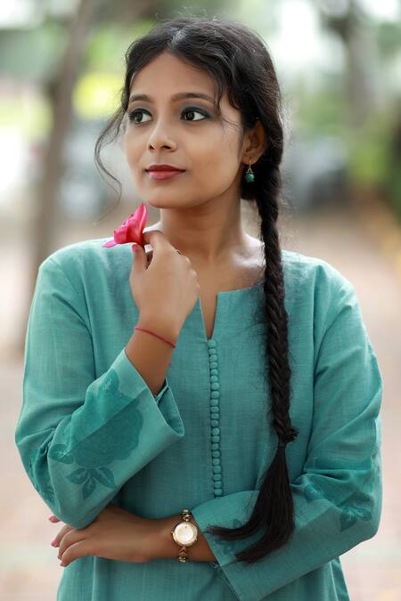 Shop_Tina Eapen Collective_Blue Cotton Plain Notched Ombre Kurta And Printed Pant Set_Online_at_Aza_Fashions