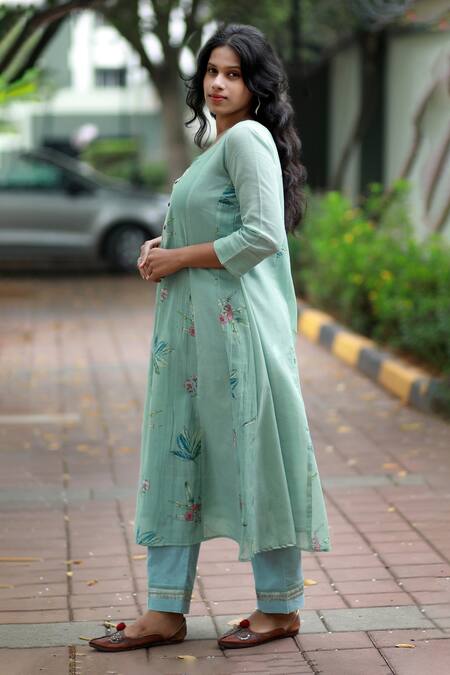 Buy_Tina Eapen Collective_Green Cotton Print Flower Vine Scoop Neck Kurta Set_Online_at_Aza_Fashions