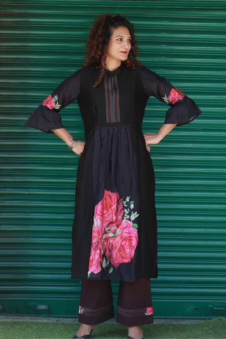 Tina Eapen Collective_Black Chanderi Silk Print Rose Bloom Stand Collar Kurta With Pant_Online_at_Aza_Fashions