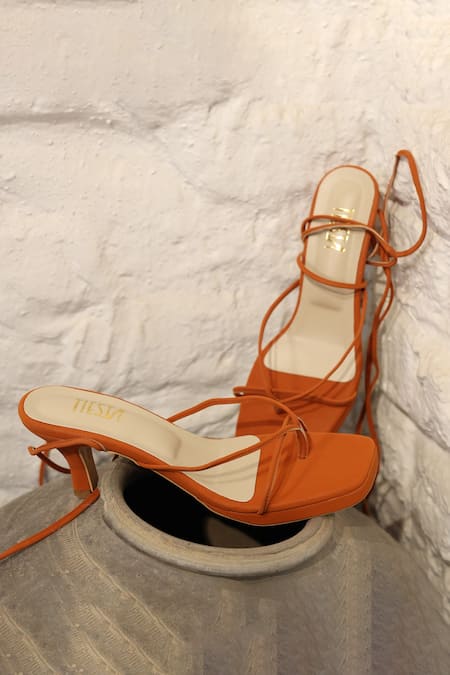 Tiesta Brown Tie-up Heels With Square Toe Online at Aza Fashions Tiesta_Brown Tie-up Heels With Square Toe _Online_at_Aza_Fashions