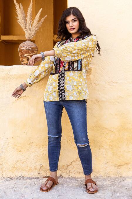 Gulabo Jaipur_Yellow Cotton Embroidery V-neck Zia Floral Pattern Top_Online_at_Aza_Fashions