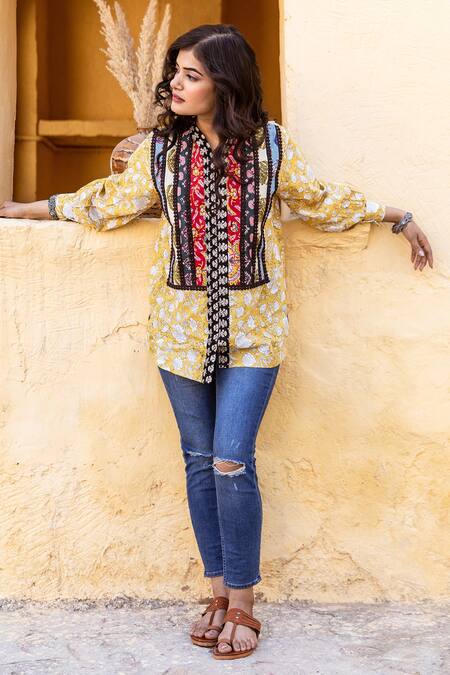 Buy_Gulabo Jaipur_Yellow Cotton Embroidery V-neck Zia Floral Pattern Top_Online_at_Aza_Fashions