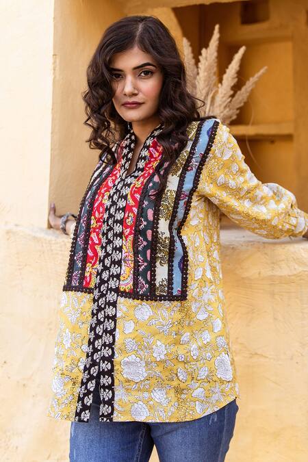 Shop_Gulabo Jaipur_Yellow Cotton Embroidery V-neck Zia Floral Pattern Top_Online_at_Aza_Fashions