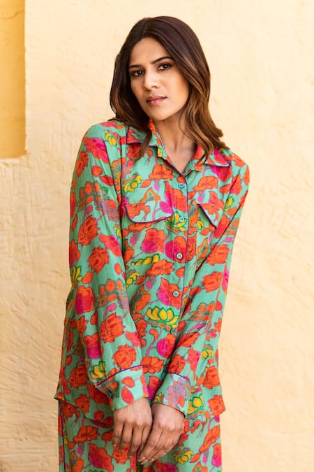 Buy_Gulabo Jaipur_Green Muslin Embroidery Split V-neck Floral Print Pant Set