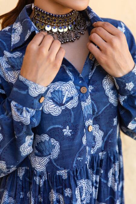 Gulabo Jaipur_Blue Cotton Shawl Neck Zola Floral Pattern Dress_at_Aza_Fashions