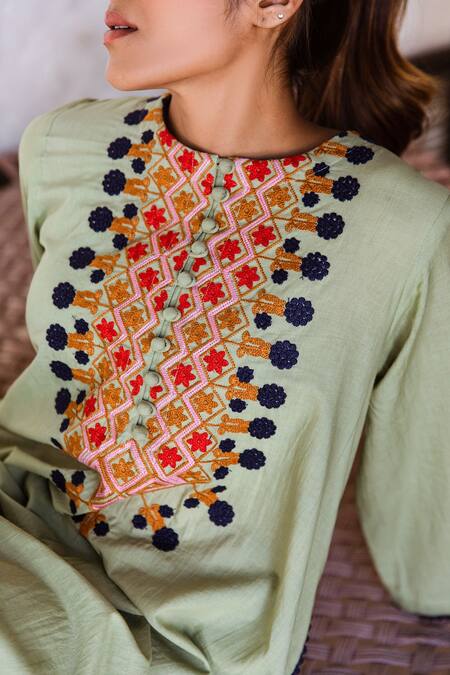 Shop_Gulabo Jaipur_Green Cotton Embroidery Round Neck Arzu Kurta And Pant Set _Online_at_Aza_Fashions
