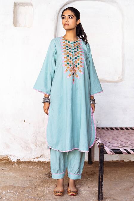 Gulabo Jaipur Blue Cotton Lace, Embroidery Round Neck Arzu Kurta And Pant Set Online at Aza Fashions Gulabo Jaipur_Blue Cotton Lace, Embroidery Round Neck Arzu Kurta And Pant Set _Online_at_Aza_Fashions