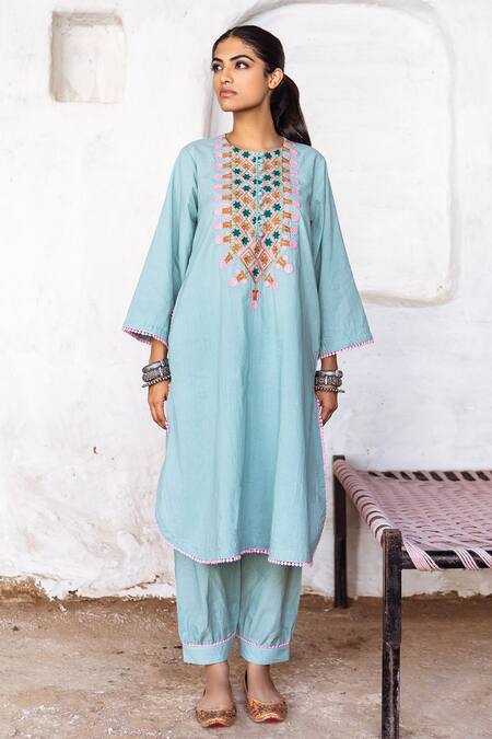 Buy Gulabo Jaipur Blue Cotton Lace, Embroidery Round Neck Arzu Kurta And Pant Set Online at Aza Fashions Buy_Gulabo Jaipur_Blue Cotton Lace, Embroidery Round Neck Arzu Kurta And Pant Set _Online_at_Aza_Fashions