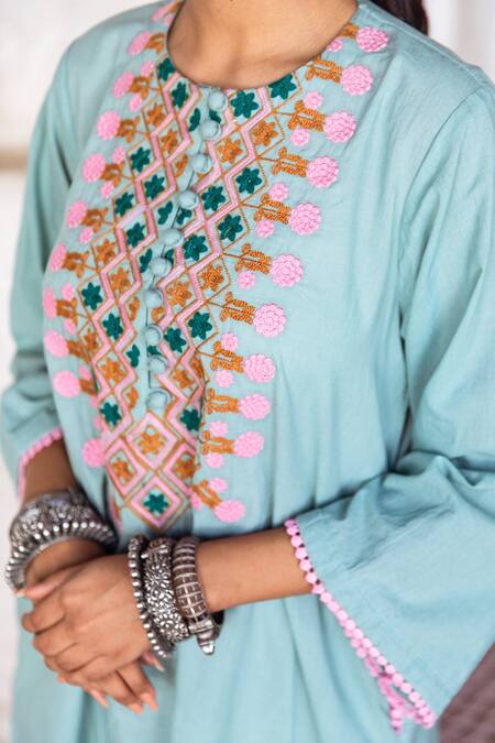 Shop Gulabo Jaipur Blue Cotton Lace, Embroidery Round Neck Arzu Kurta And Pant Set Online at Aza Fashions Shop_Gulabo Jaipur_Blue Cotton Lace, Embroidery Round Neck Arzu Kurta And Pant Set _Online_at_Aza_Fashions