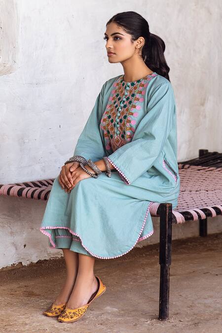 Gulabo Jaipur Blue Cotton Lace, Embroidery Round Neck Arzu Kurta And Pant Set at Aza Fashions Gulabo Jaipur_Blue Cotton Lace, Embroidery Round Neck Arzu Kurta And Pant Set _at_Aza_Fashions