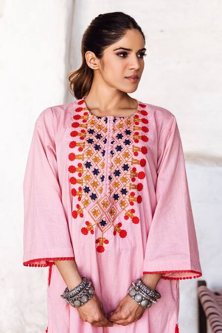 Gulabo Jaipur_Peach Cotton Embroidery Round Neck Arzu Kurta And Pant Set _Online_at_Aza_Fashions