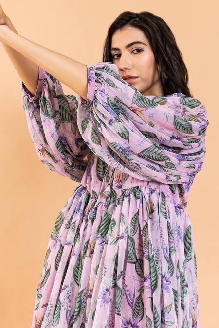 Buy_Aroop Shop India_Purple Chiffon Open Neck Katherine Aster Print Dress _Online_at_Aza_Fashions